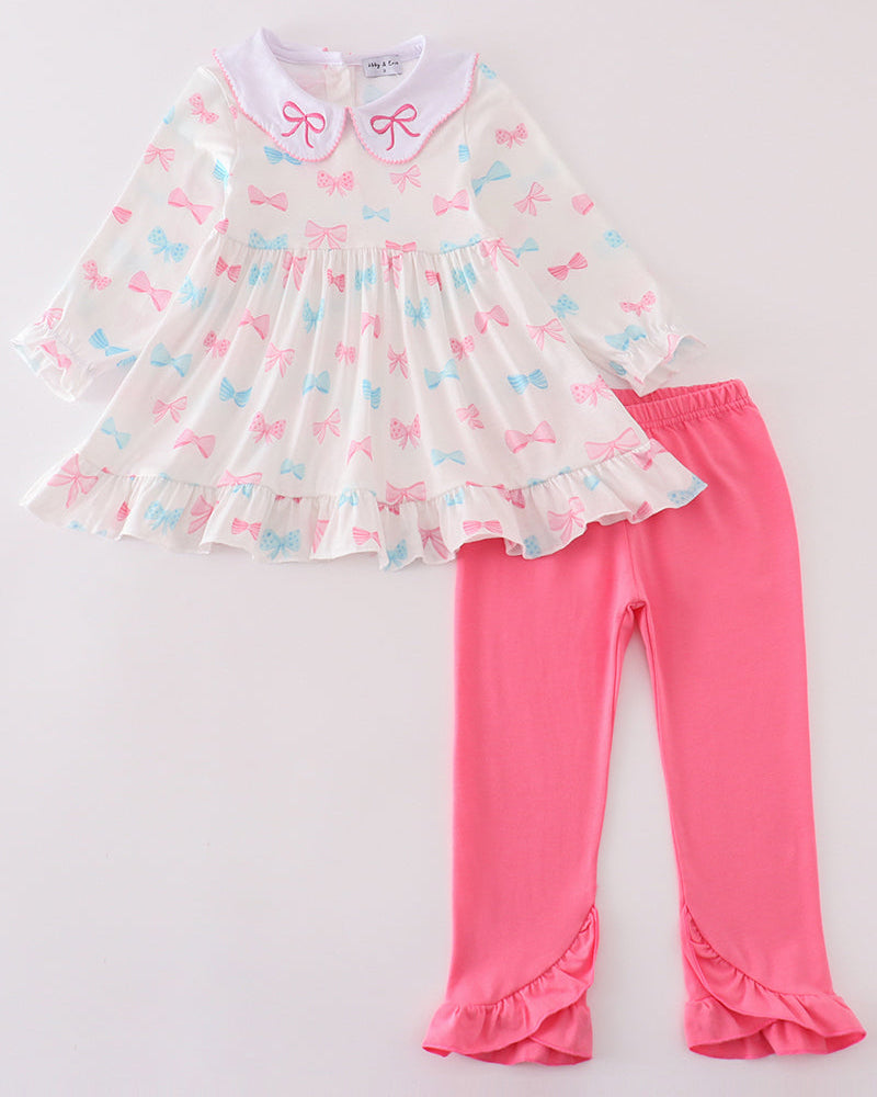 Sweet Bow Embroidered Pink Girl Pants Set