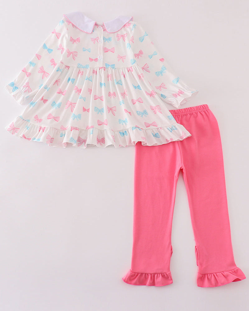 Sweet Bow Embroidered Pink Girl Pants Set