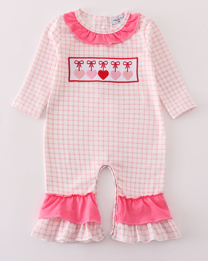 Pink Plaid Heart Embroidered Girl Romper