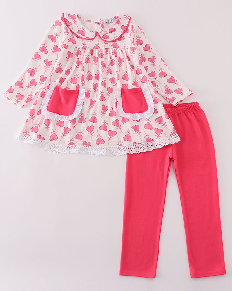 Pink Lollipop Heart Print Girl Pants Set