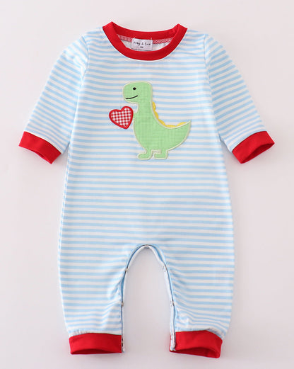 Dinosaur Heart Applique Blue Stripe Boy Romper