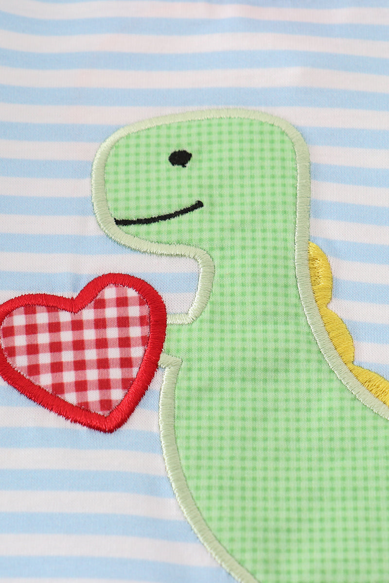 Dinosaur Heart Applique Blue Stripe Boy Romper