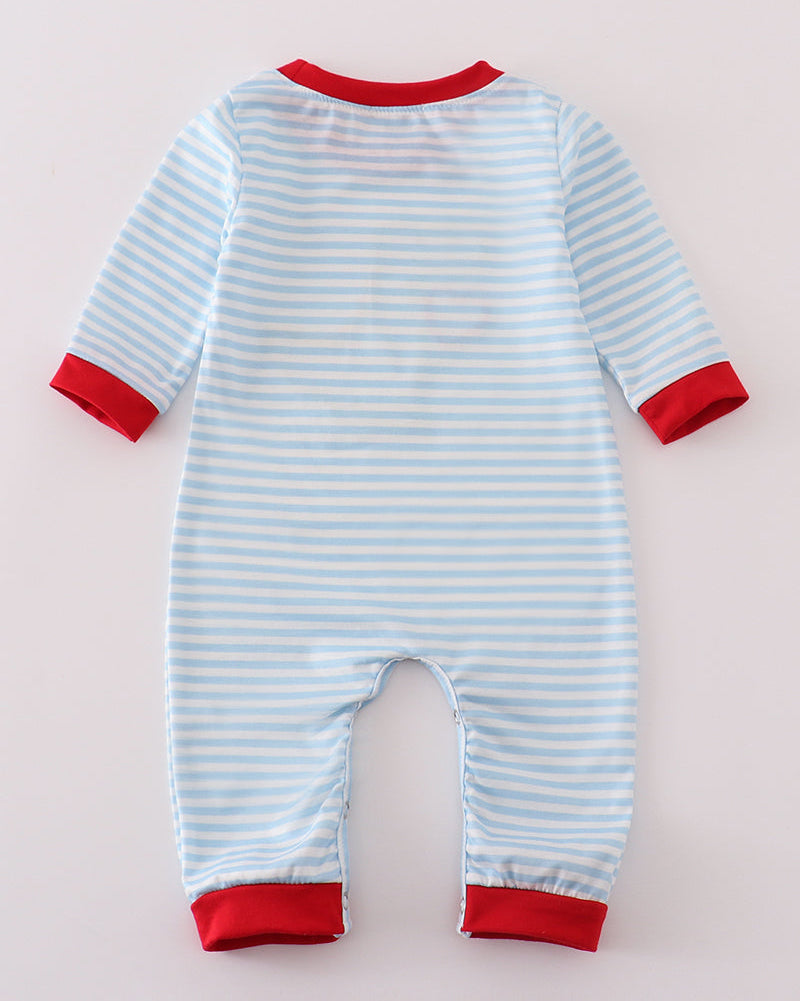 Dinosaur Heart Applique Blue Stripe Boy Romper