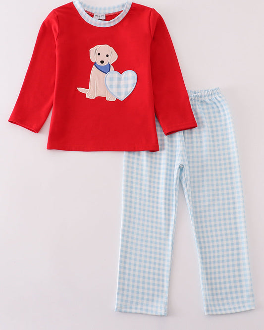 Puppy Heart Applique Red Boy Pants Set