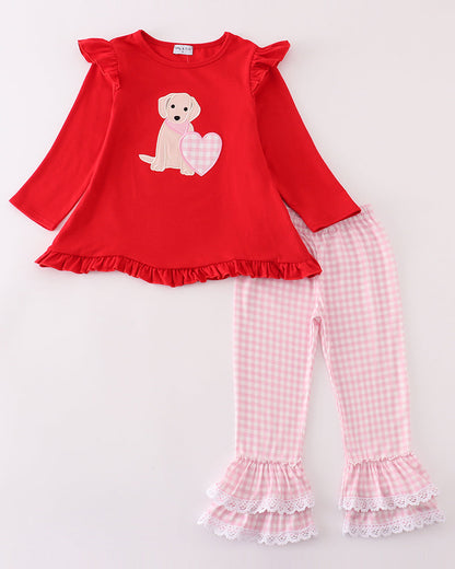 Puppy Heart Applique Red Girl Pants Set