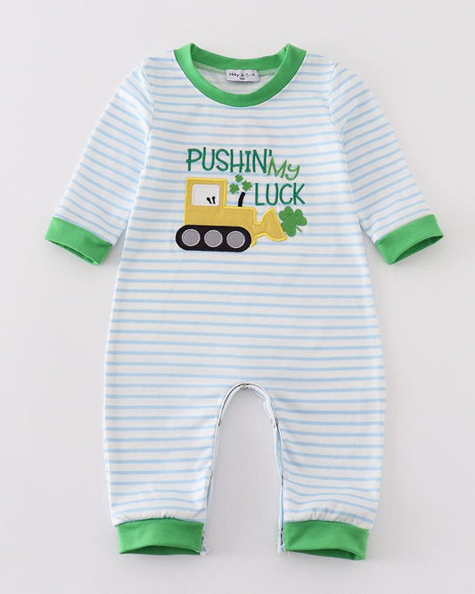 Pushin’ My Luck Embroidered Green Stripe Boy Romper