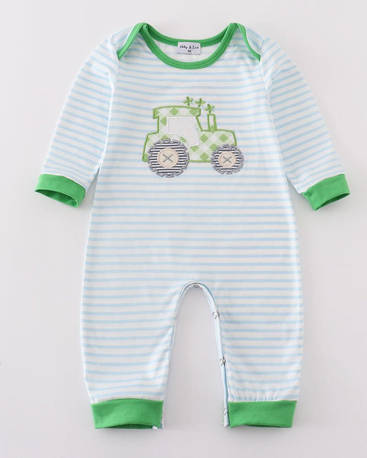 Green Lucky Tractor Applique Boy Romper