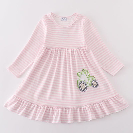 Green Lucky Tractor Applique Pink Stripe Dress