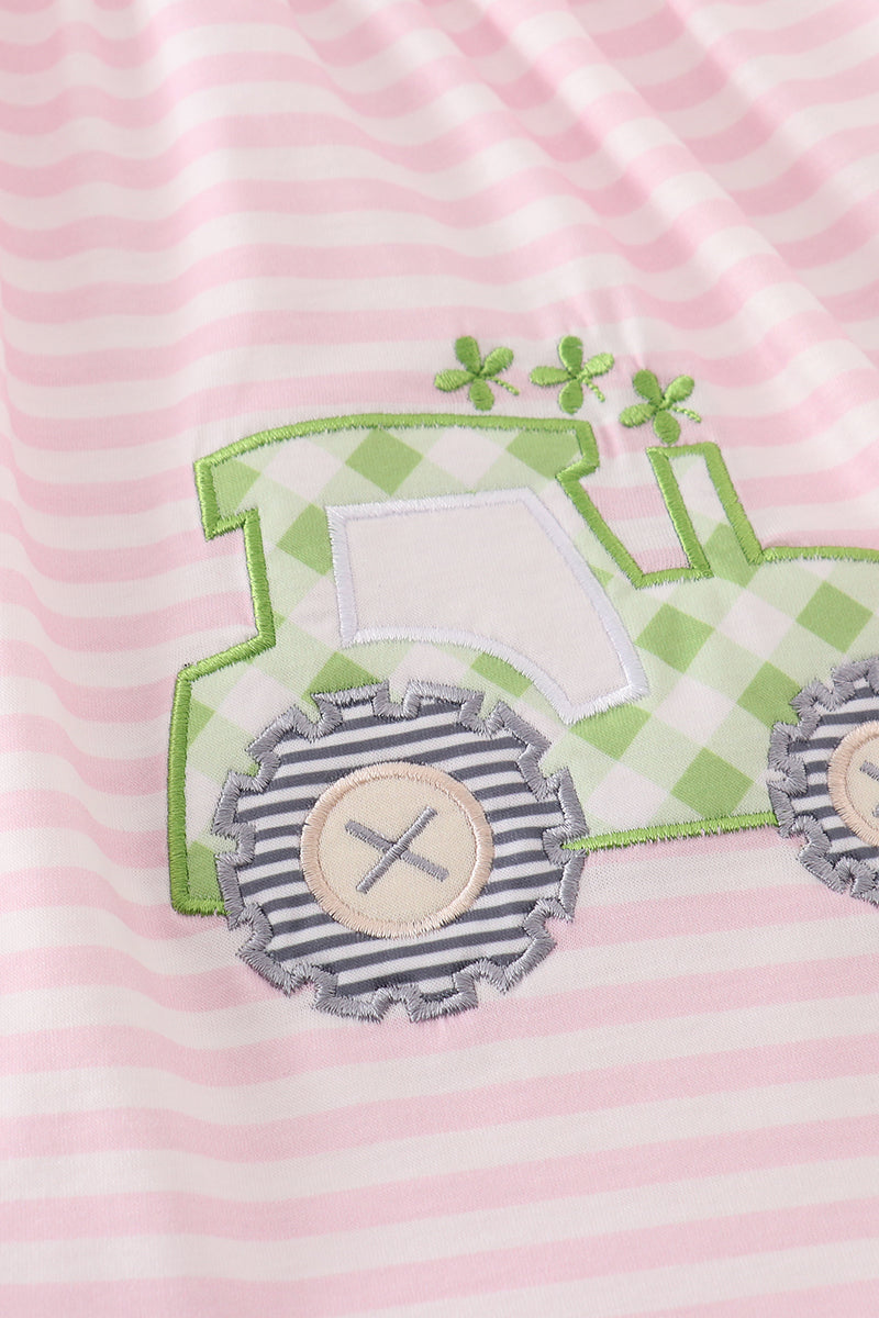 Green Lucky Tractor Applique Pink Stripe Dress