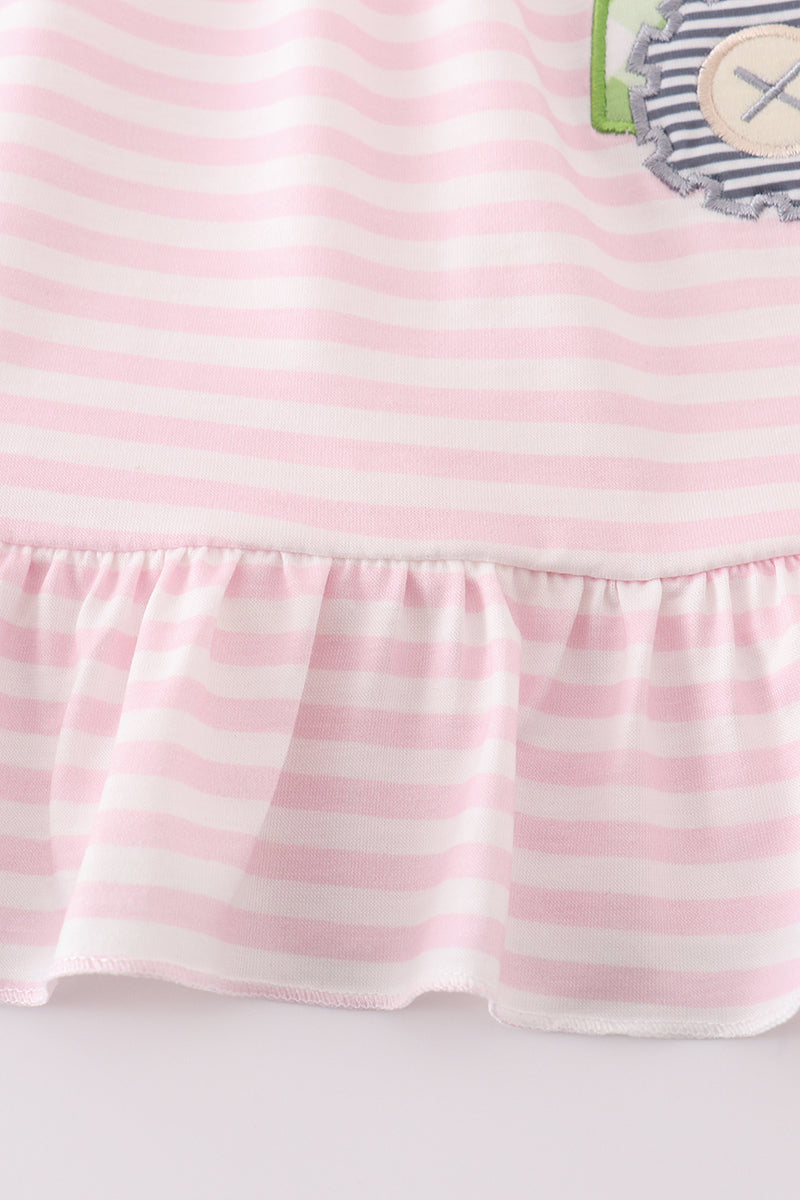 Green Lucky Tractor Applique Pink Stripe Dress