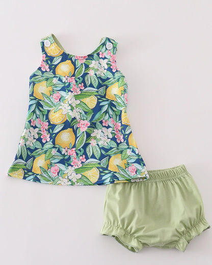 Green Lemon Print Girl Bloomers Set