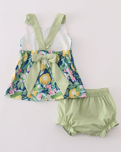 Green Lemon Print Girl Bloomers Set