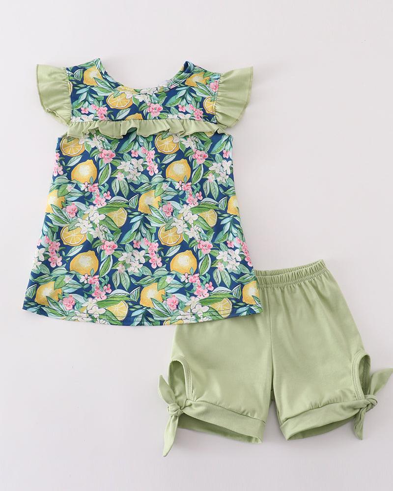 Green Lemon Print Girl Shorts Set