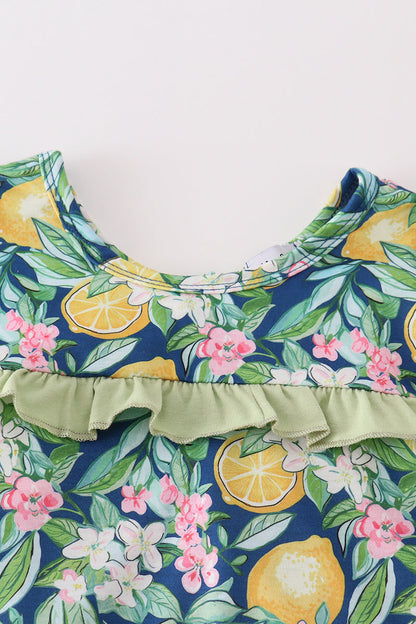 Green Lemon Print Girl Shorts Set