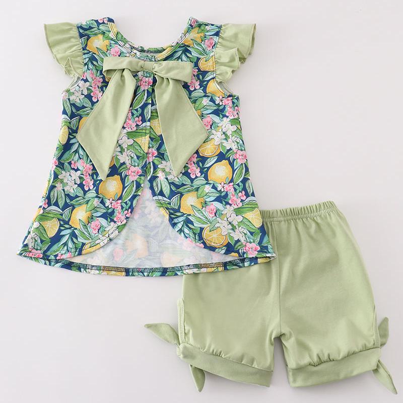 Green Lemon Print Girl Shorts Set