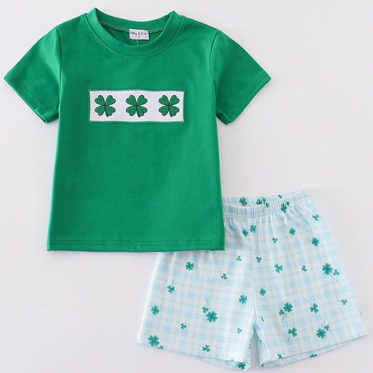 Lucky Clover Embroidered Green Boy Shorts Set