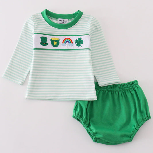 Green Lucky Clover Embroidered Boy Bloomers Set