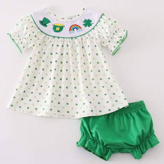 Green Lucky Clover Embroidered Girl Bloomers Set