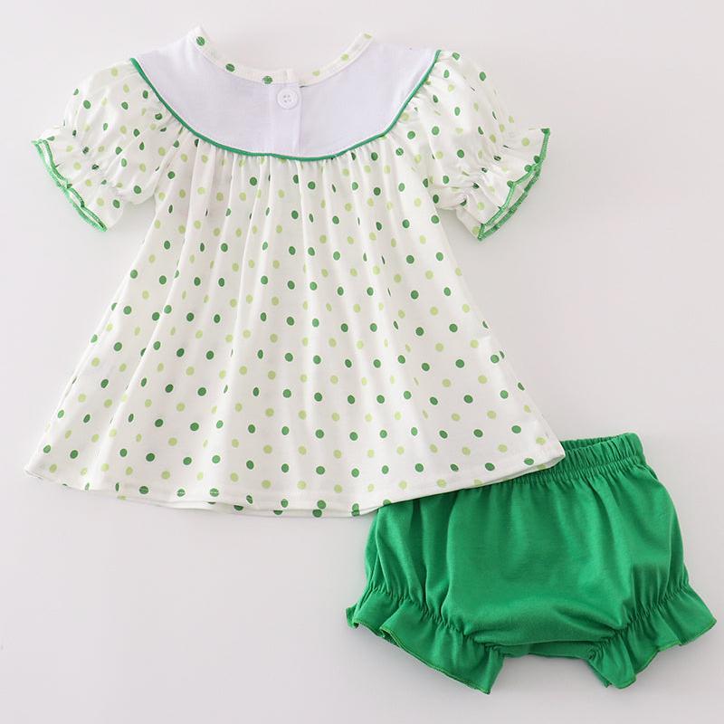 Green Lucky Clover Embroidered Girl Bloomers Set