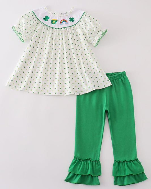 Green Lucky Clover Embroidered Girl Set