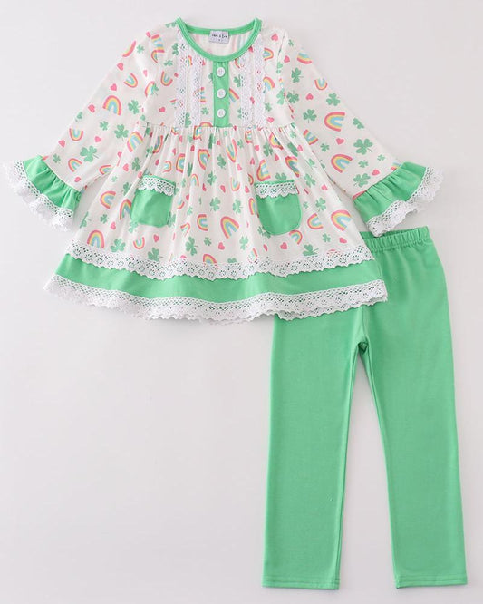 Rainbow Clover Print Green Girl Pants Set