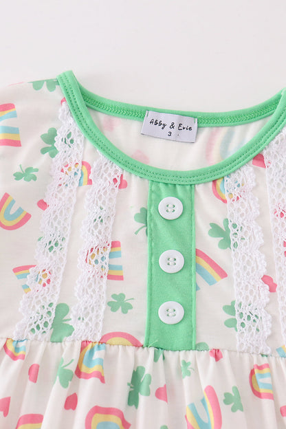 Rainbow Clover Print Green Girl Pants Set