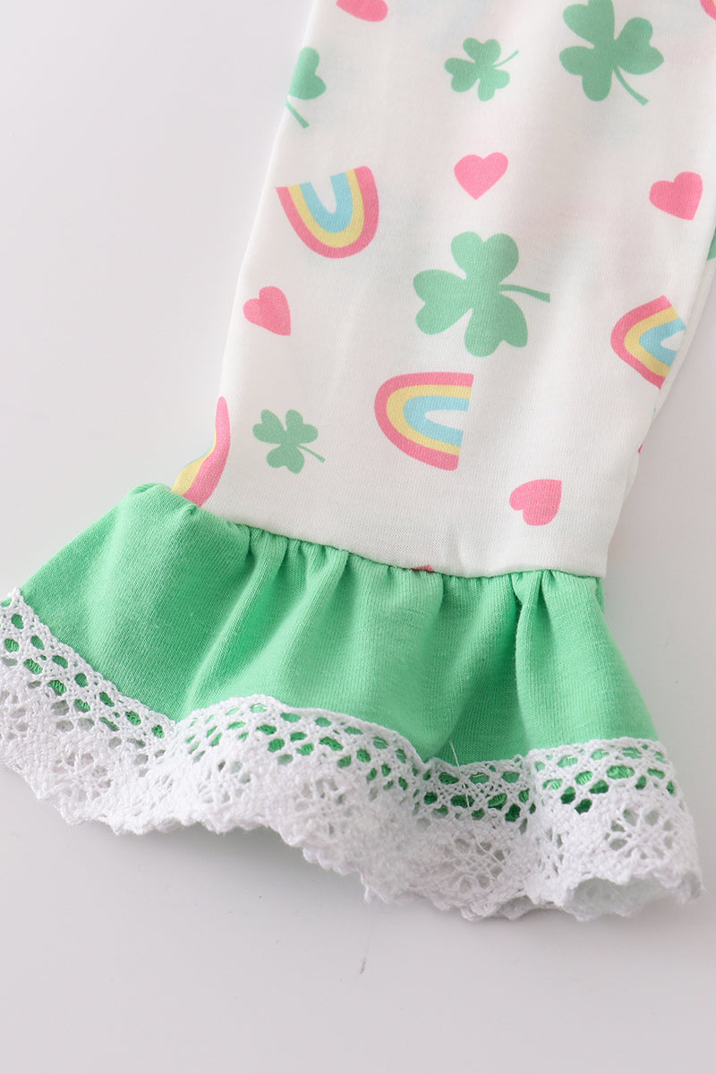 Rainbow Clover Print Green Girl Pants Set