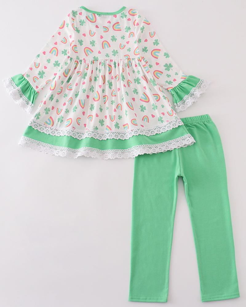 Rainbow Clover Print Green Girl Pants Set