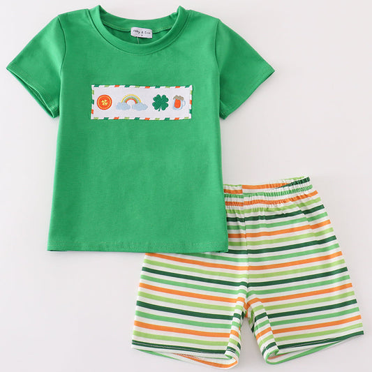 Rainbow Clover Embroidered Green Boy Shorts Set