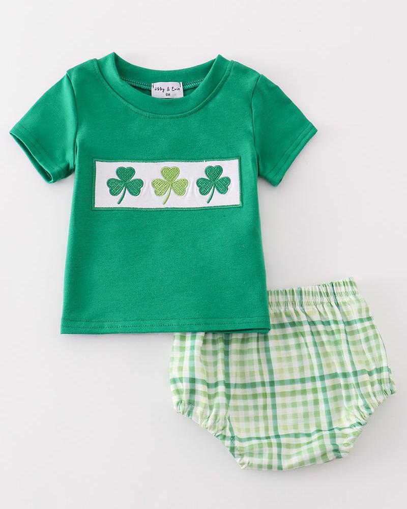 Lucky Clovers Embroidered Green Plaid Boy Bloomers Set