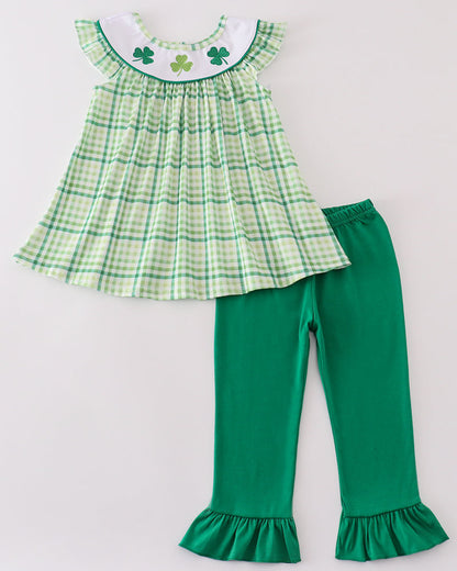 Lucky Clovers Embroidered Green Girl Pants Set