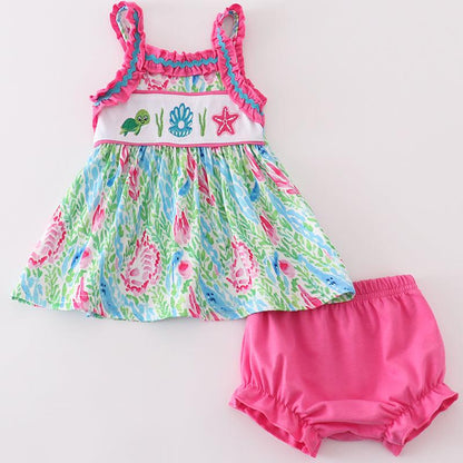 Green Island Breeze Embroidered Girl Bloomers Set