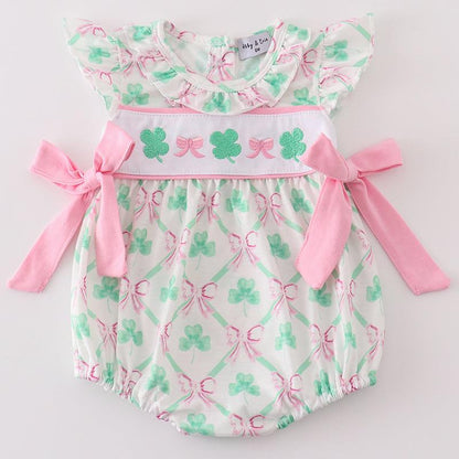 Lucky Clover Bow Embroidered Pink Girl Bubble