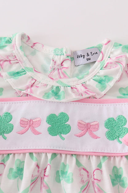 Lucky Clover Bow Embroidered Pink Girl Bubble