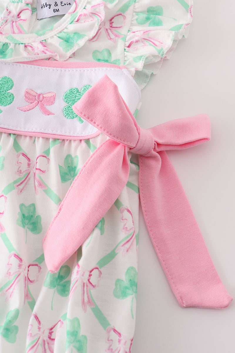 Lucky Clover Bow Embroidered Pink Girl Bubble