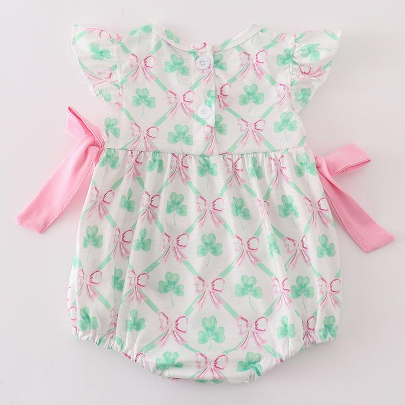 Lucky Clover Bow Embroidered Pink Girl Bubble