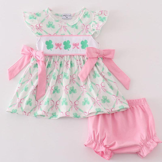 Lucky Clover Bow Embroidered Pink Girl Bloomers Set