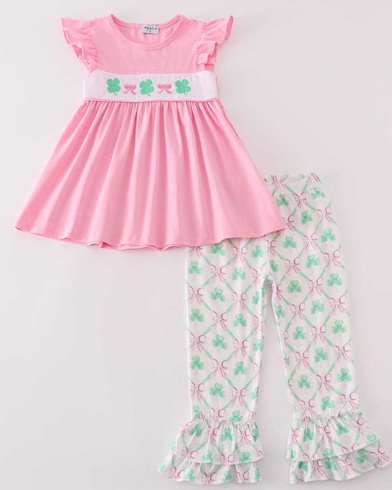 Lucky Clover Bow Embroidered Pink Girl Set