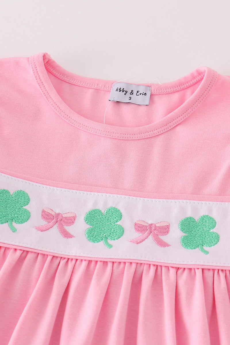 Lucky Clover Bow Embroidered Pink Girl Set