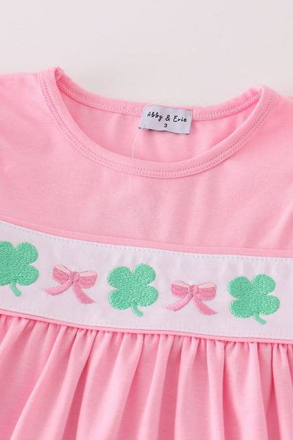 Lucky Clover Bow Embroidered Pink Girl Set