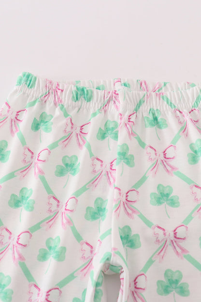 Lucky Clover Bow Embroidered Pink Girl Set