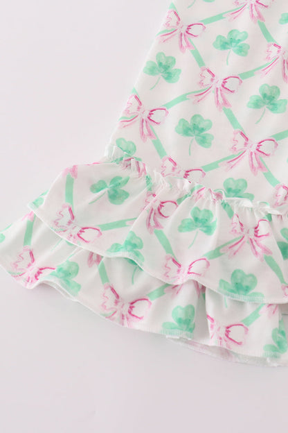 Lucky Clover Bow Embroidered Pink Girl Set