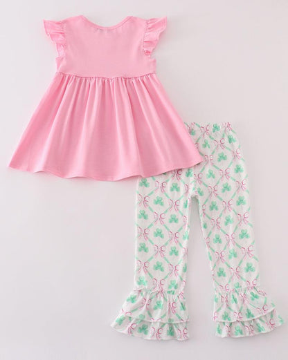 Lucky Clover Bow Embroidered Pink Girl Set