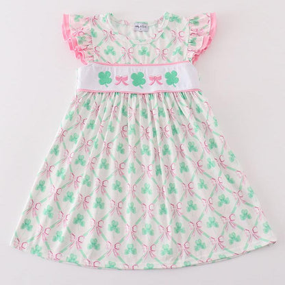 Lucky Clover Bow Embroidered Pink Dress