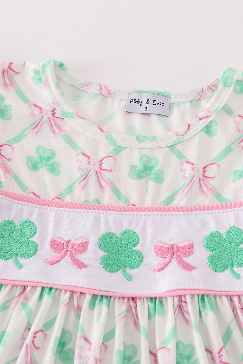 Lucky Clover Bow Embroidered Pink Dress