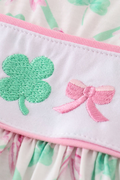 Lucky Clover Bow Embroidered Pink Dress