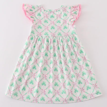 Lucky Clover Bow Embroidered Pink Dress