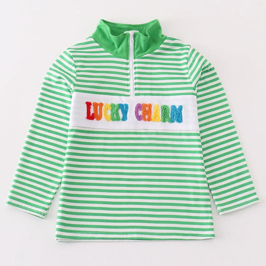 Lucky Charm French Knot Green Stripe Boy Pullover