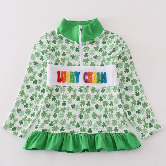 Lucky Charm French Knot Green Clover Print Girl Pullover