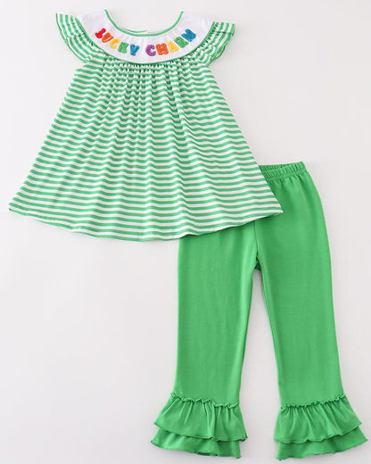 Lucky Charm French Knot Green Stripe Girl Pants Set